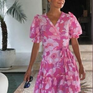 Feather & Find Boho Luxe Floral Tiered Wrap Mini Dress Pink Medium